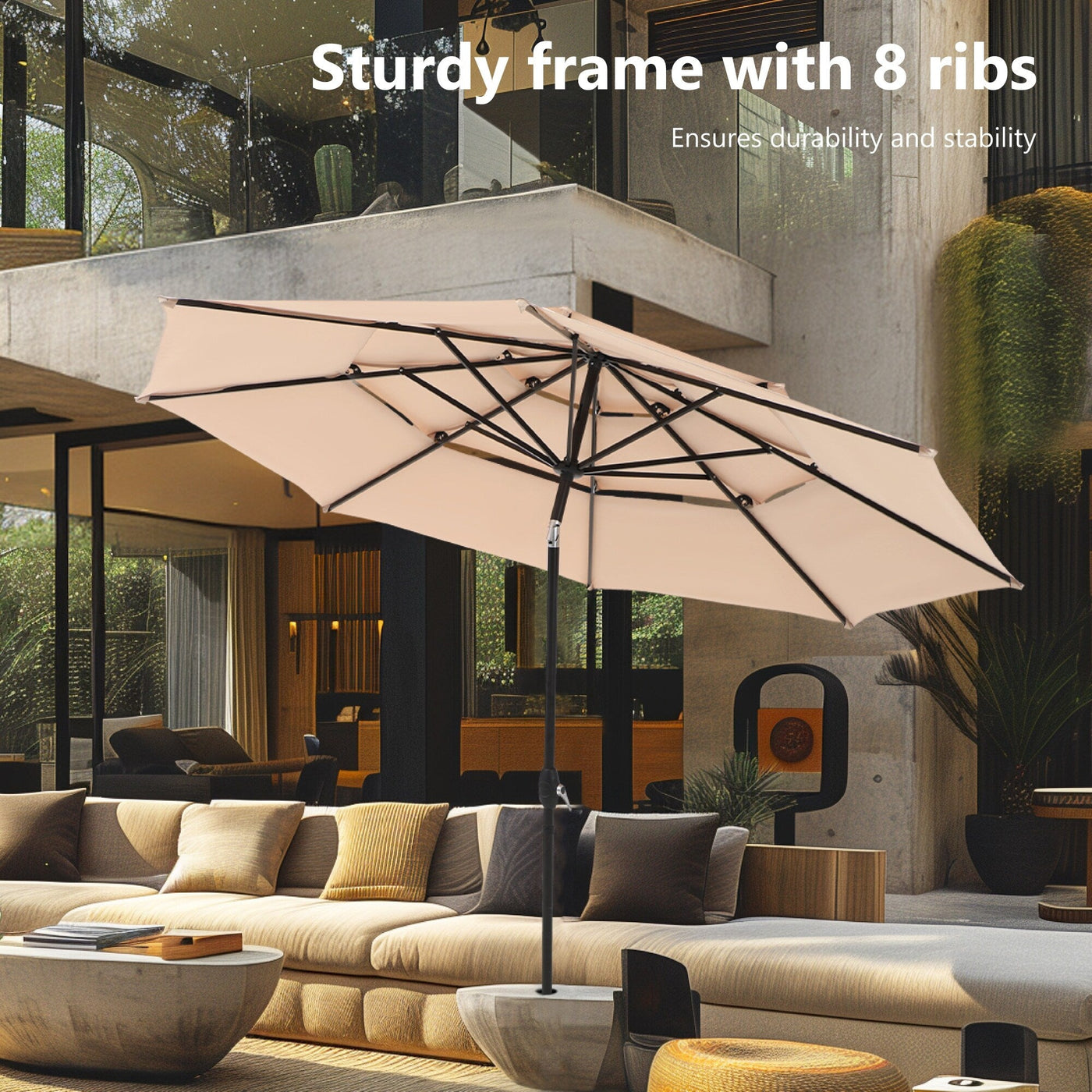 MAISON ARTS 10ft 3 Tier Auto-tilt Patio Umbrella Outdoor Double Vented Umbrella with LED Lights