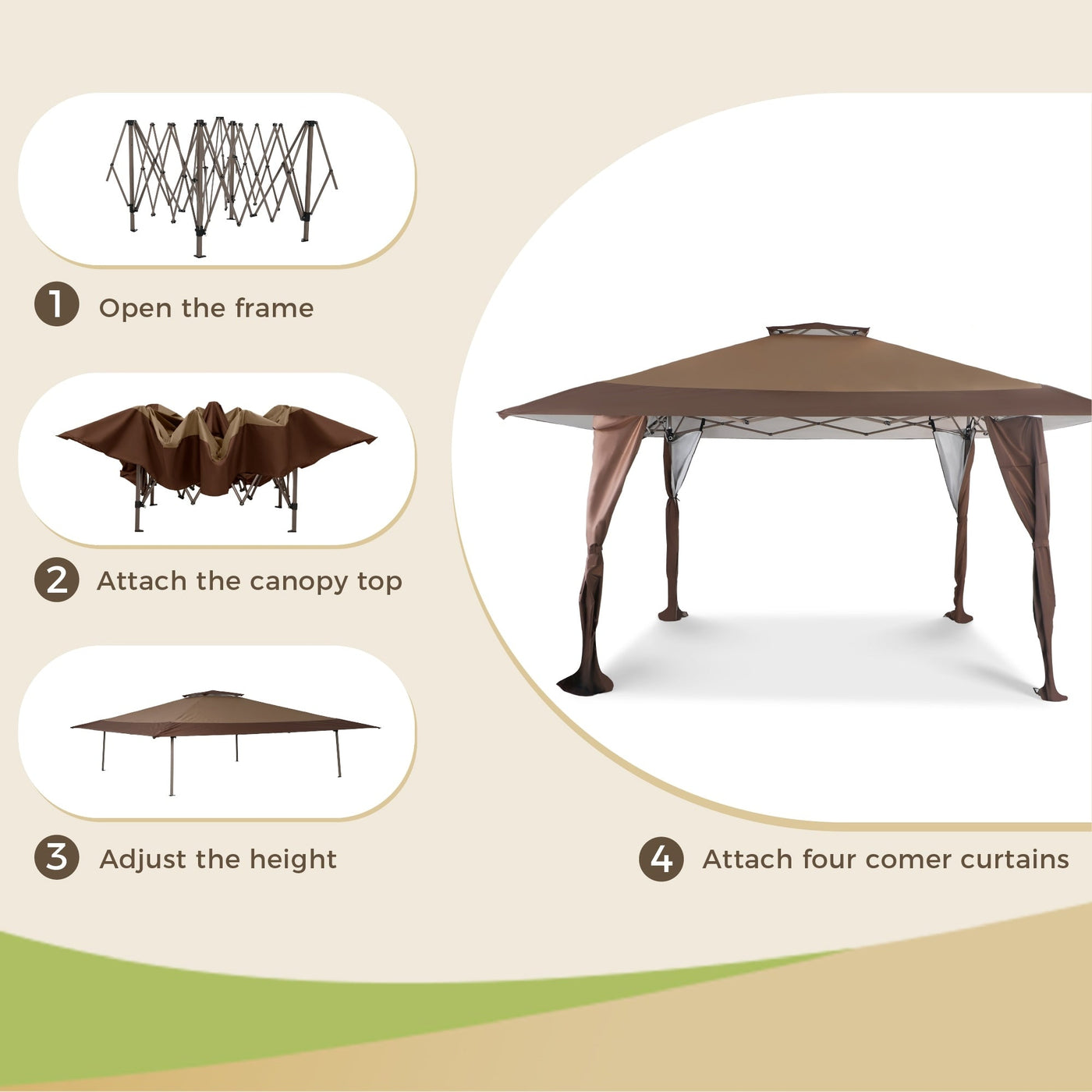 13' x 13' Outdoor Canopy Patio Gazebo Reinforced garden Pop-up Canopy Tentwith Elegant Corner Curtain - 13x13ft