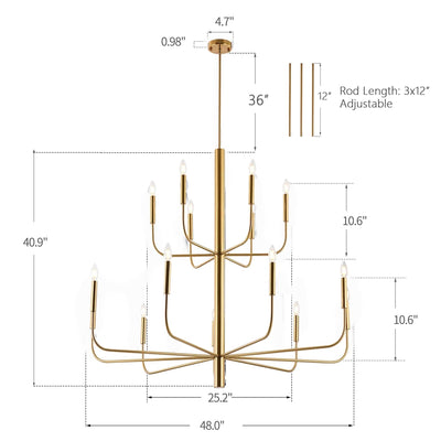 15-Light Minimalist Candlestick Chandelier, 2 Tier Ancient Design - 48