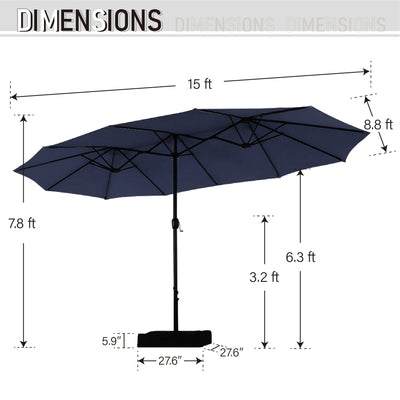 15-foot Rectangular Crank Double-sided Outdoor Market Umbrella Solar LED Lighted Patio Umbrella with Base Included