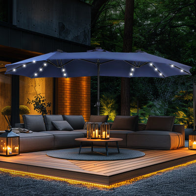 15-foot Rectangular Crank Double-sided Outdoor Market Umbrella Solar LED Lighted Patio Umbrella with Base Included