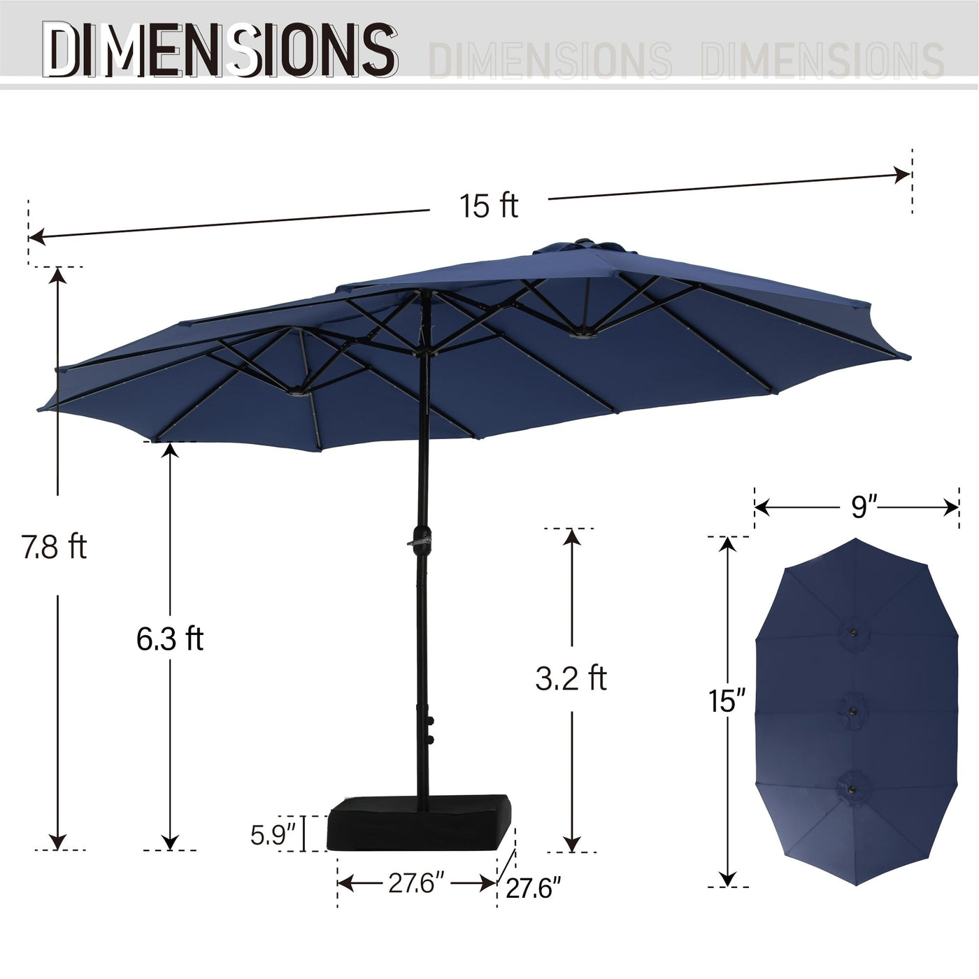 MAISON ARTS 15-foot Rectangular Crank Double-sided Outdoor Market Umbrella Solar LED Lighted Patio Umbrella with Base Included