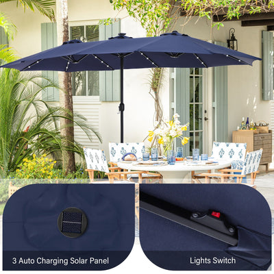 15-foot Rectangular Crank Double-sided Outdoor Market Umbrella Solar LED Lighted Patio Umbrella with Base Included