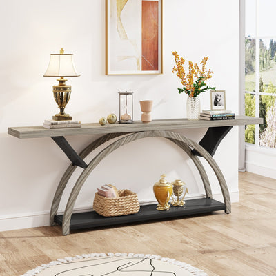 2-Tier Narrow Long Console Sofa Table with Semi-Circular Frame for Entryway,Gray Hallway Accent Tables