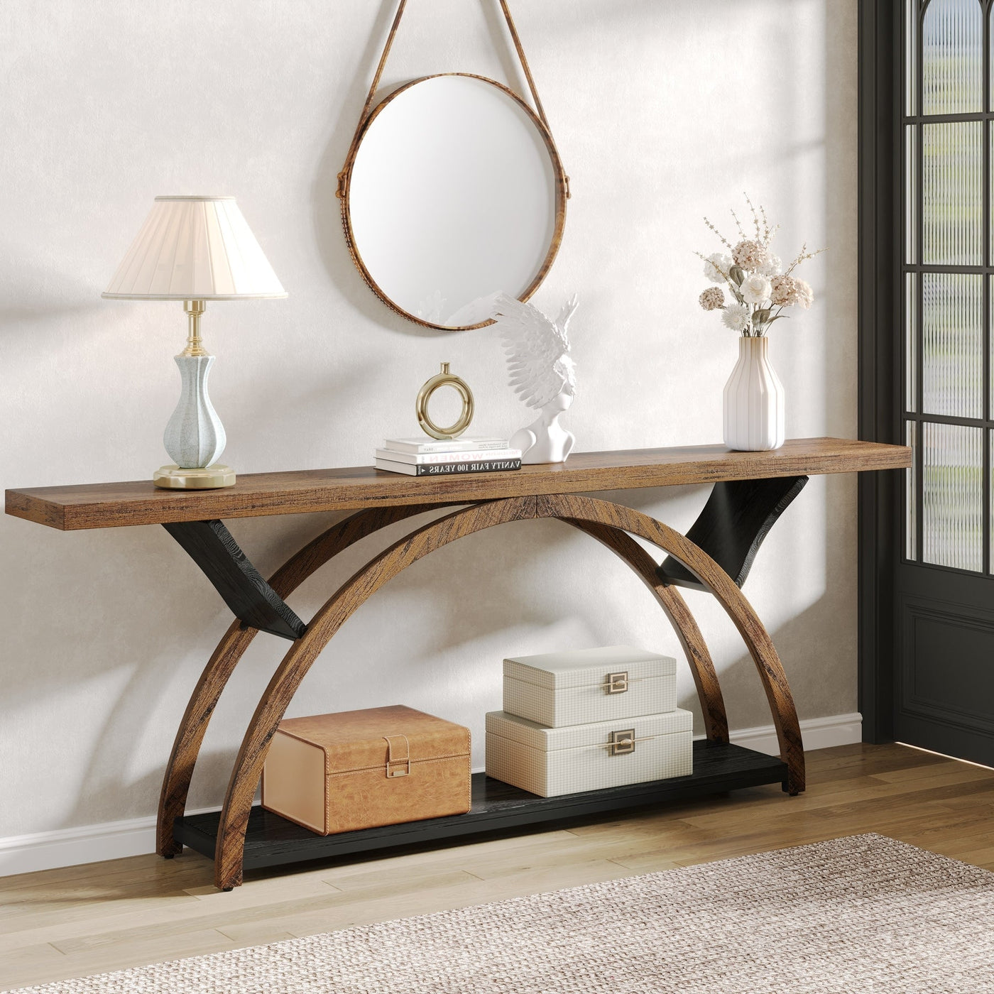 2-Tier Narrow Long Console Sofa Table with Semi-Circular Frame for Entryway,Gray Hallway Accent Tables
