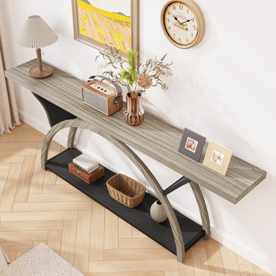 2-Tier Narrow Long Console Sofa Table with Semi-Circular Frame for Entryway,Gray Hallway Accent Tables