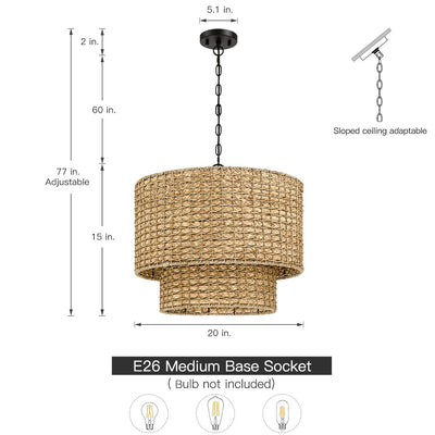 4-Light Natural Rattan Traditional Drum Pendant Light Black Canopy - Black/earthy - 20 in. W