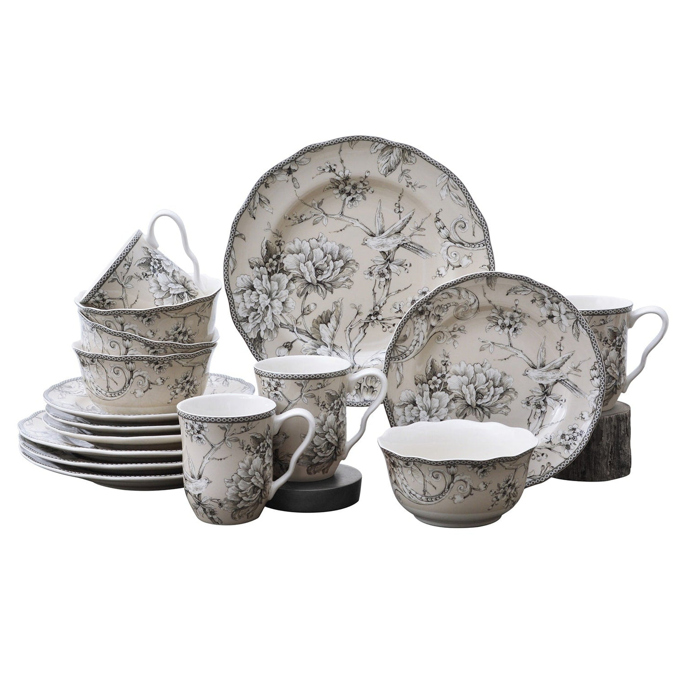222 Fifth Adelaide 16-Piece Porcelain Dinnerware Set with Round Plates, Bowls, and Mugs, Antique White