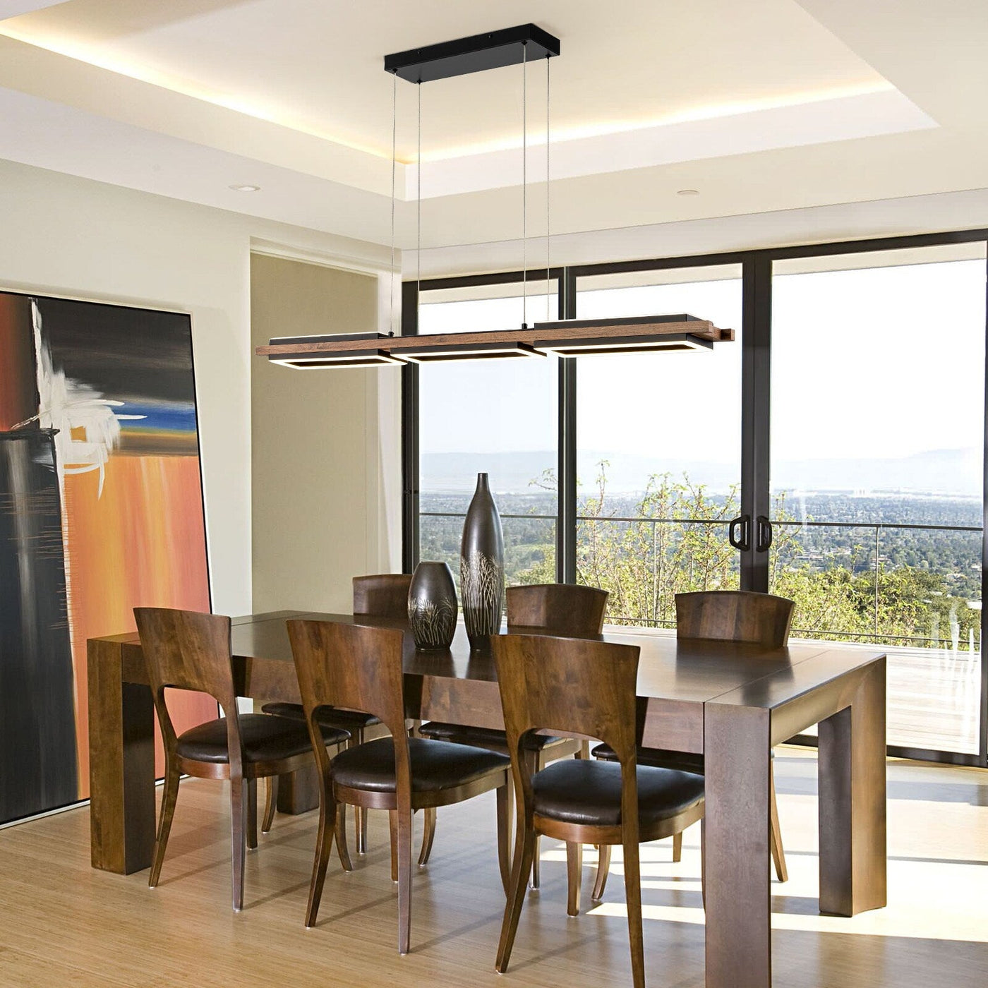 3/5-Light Integrated LED Linear Wood Chandelier Kitchen Island Pendant Light