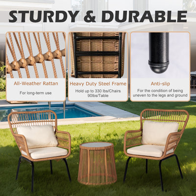 3 Piece Outdoor Wicker Conversation Bistro Set, All-Weather Rattan Furniture Patio Chairs Set with Cushions