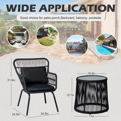 3 Piece Outdoor Wicker Conversation Bistro Set, All-Weather Rattan Furniture Patio Chairs Set with Cushions