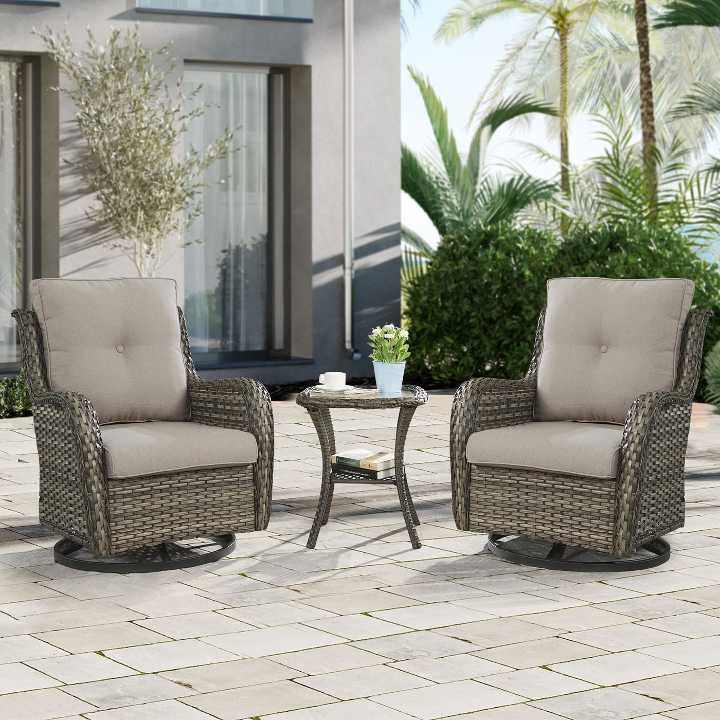 Gymojoy 3 Piece Outdoor Wicker Swivel Rocker with Cushion & Table