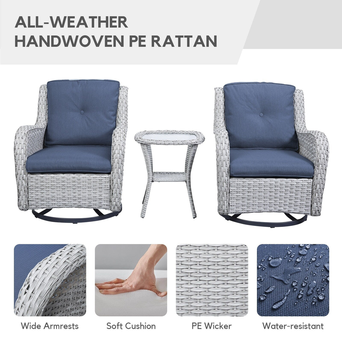 Gymojoy 3 Piece Outdoor Wicker Swivel Rocker with Cushion & Table