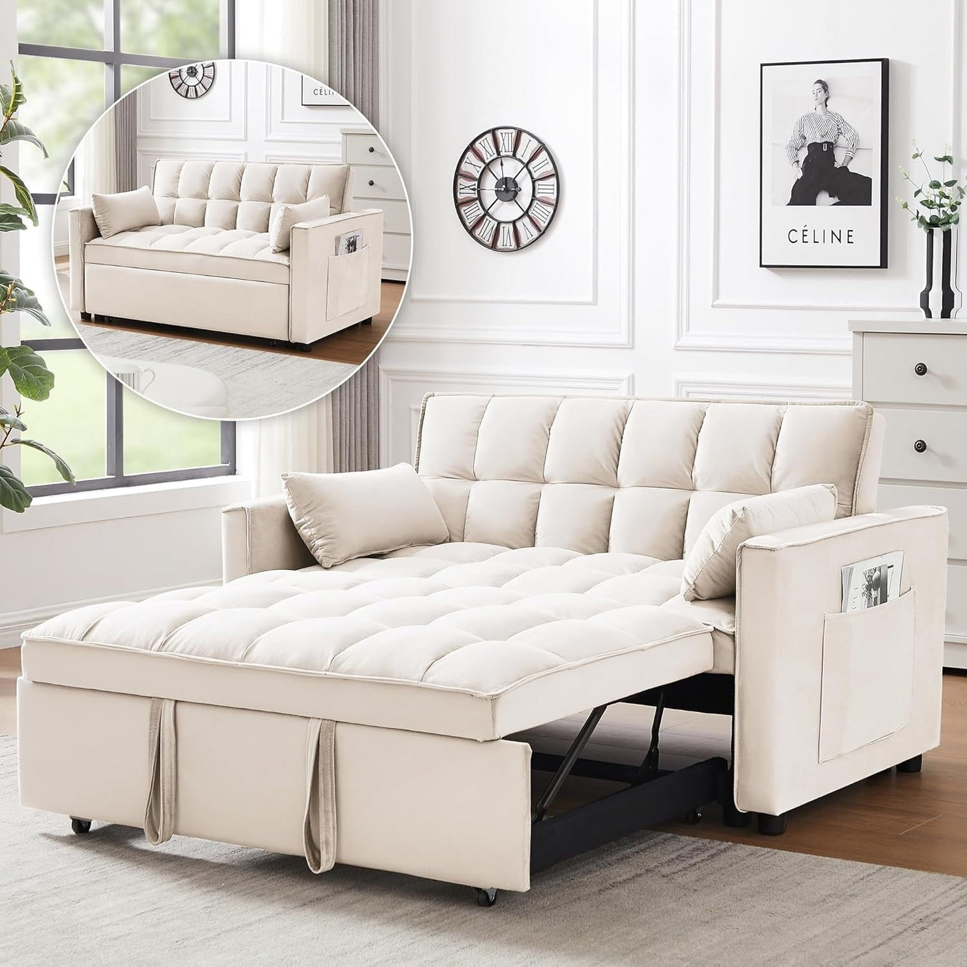 3-in-1 Convertible Sleeper Sofa Bed - Velvet Futon Couch with Adjustable Backrest & Side Pocket for Small Spaces