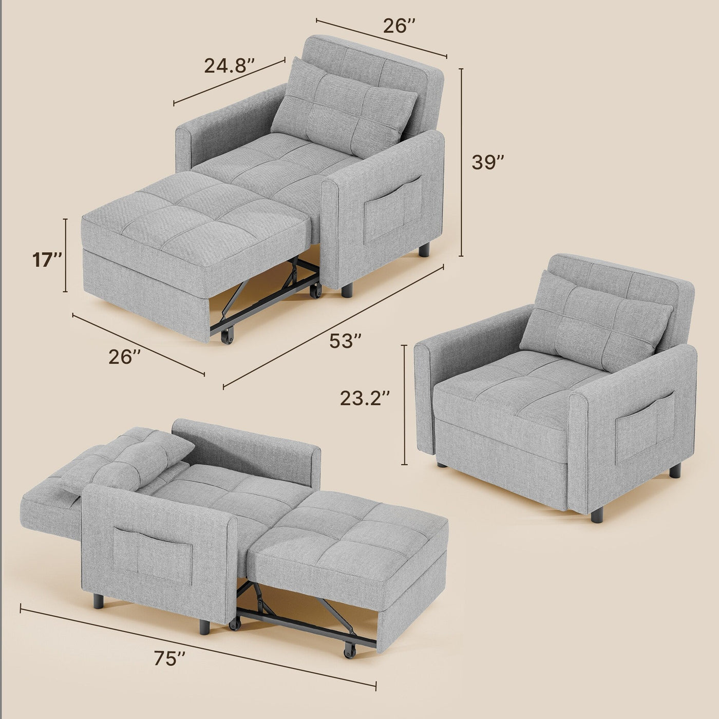 3-in-1 Pull-Out Sofa Bed Sleeper Chair , Convertible Adjustable Foldable Upholstered Lounge Couch