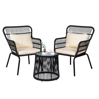 3 Piece Outdoor Wicker Conversation Bistro Set, All-Weather Rattan Furniture Patio Chairs Set with Cushions