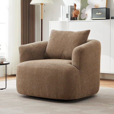 360° Swivel Chair, 38.2 Boucle Accent Chair with Throw Pillow, Upholstered Barrel Sofa Chair with Curved Armrests