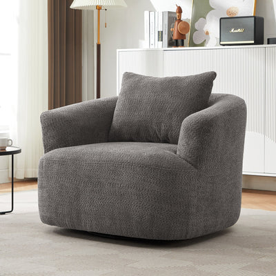 360° Swivel Chair, 38.2 Boucle Accent Chair with Throw Pillow, Upholstered Barrel Sofa Chair with Curved Armrests