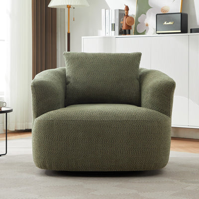 360° Swivel Chair, 38.2 Boucle Accent Chair with Throw Pillow, Upholstered Barrel Sofa Chair with Curved Armrests