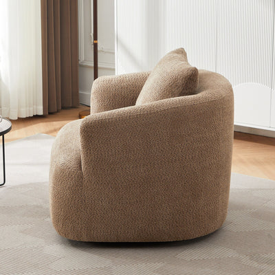 360° Swivel Chair, 38.2 Boucle Accent Chair with Throw Pillow, Upholstered Barrel Sofa Chair with Curved Armrests