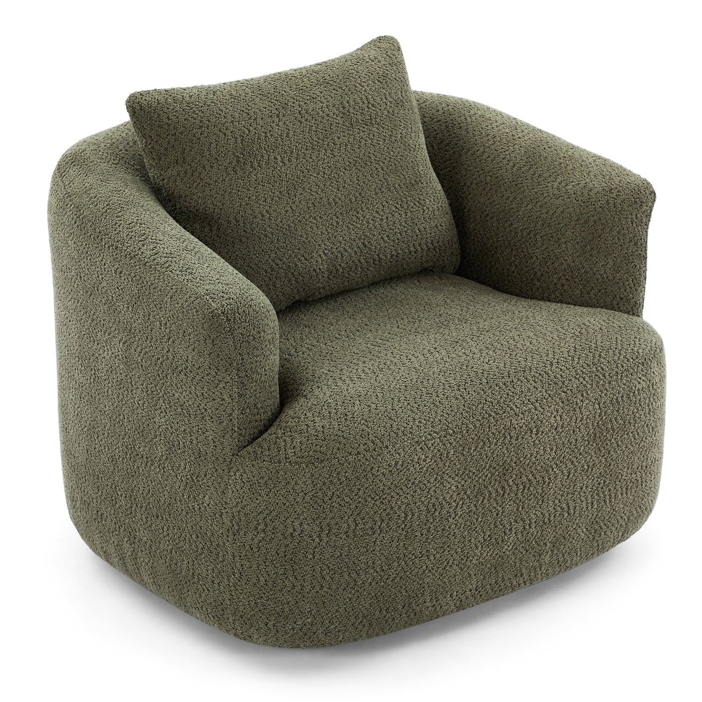360° Swivel Chair, 38.2 Boucle Accent Chair with Throw Pillow, Upholstered Barrel Sofa Chair with Curved Armrests