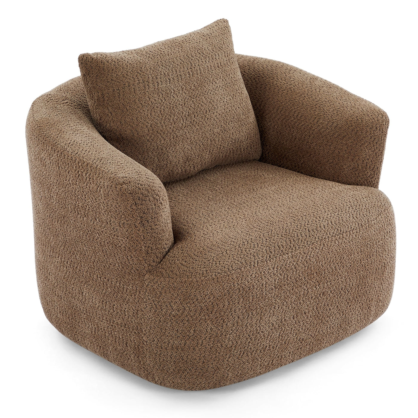 360° Swivel Chair, 38.2 Boucle Accent Chair with Throw Pillow, Upholstered Barrel Sofa Chair with Curved Armrests