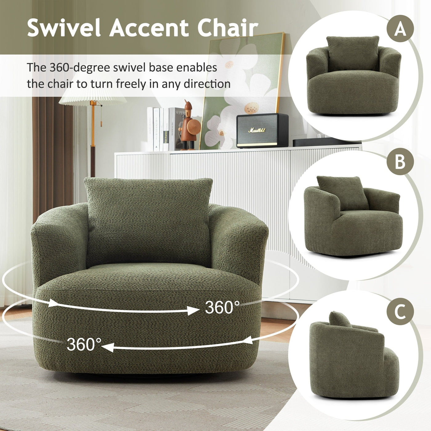 360° Swivel Chair, 38.2 Boucle Accent Chair with Throw Pillow, Upholstered Barrel Sofa Chair with Curved Armrests