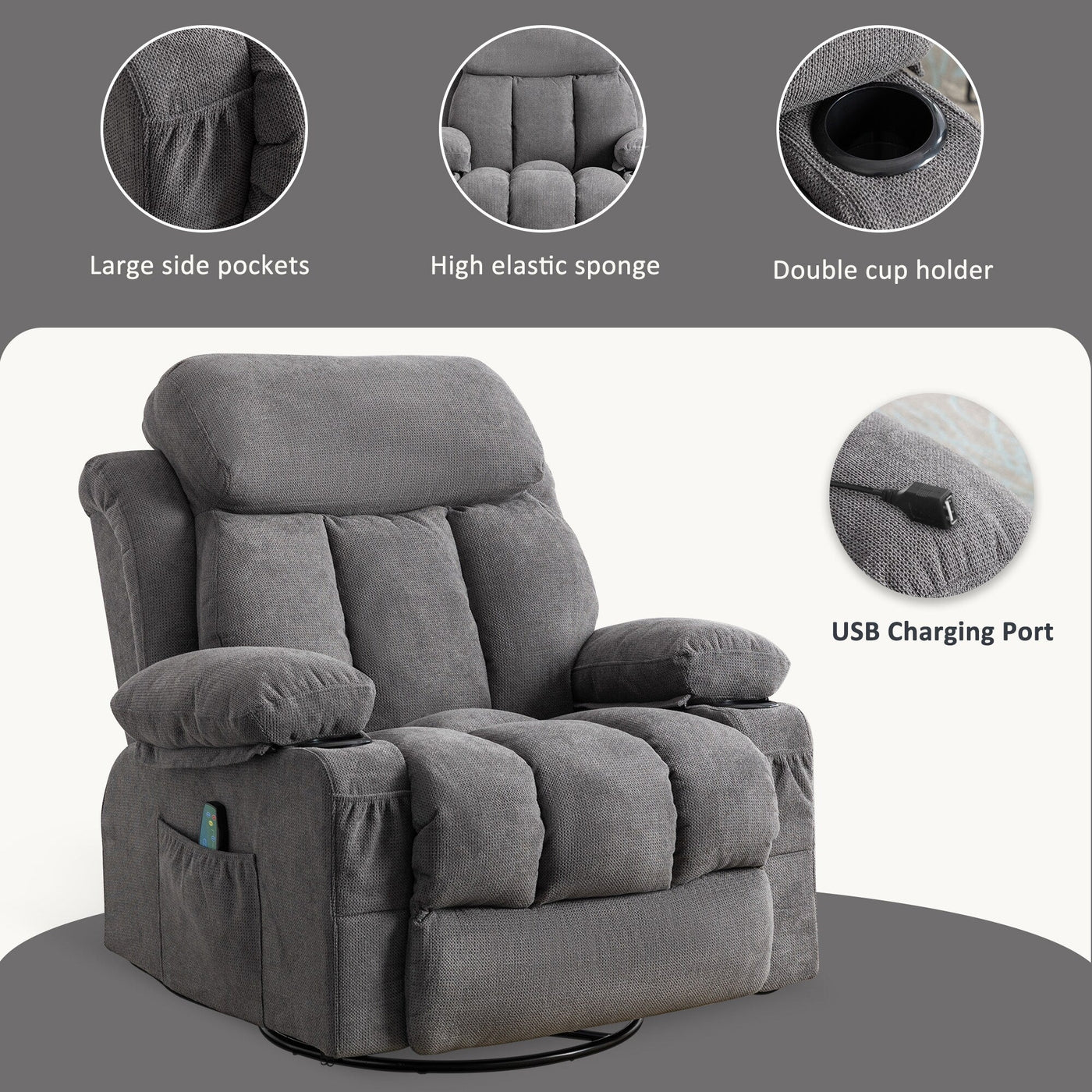 360° Swivel Recliner Chair with Massage, Heat, USB, and Cup Holders