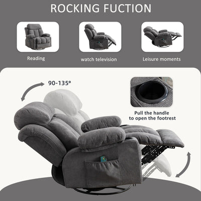360° Swivel Recliner Chair with Massage, Heat, USB, and Cup Holders