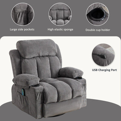 360° Swivel Recliner Chair with Massage, Heat, USB, and Cup Holders