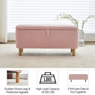 39.5 Off White Boucle Storage Ottoman Bench Sherpa Storage Bench Ottoman Foot Rest End of Bed for Living Room Bedroom,Wood Leg