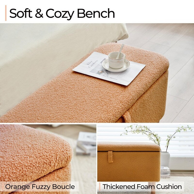 39.5 Off White Boucle Storage Ottoman Bench Sherpa Storage Bench Ottoman Foot Rest End of Bed for Living Room Bedroom,Wood Leg