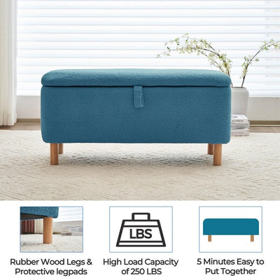 39.5 Off White Boucle Storage Ottoman Bench Sherpa Storage Bench Ottoman Foot Rest End of Bed for Living Room Bedroom,Wood Leg