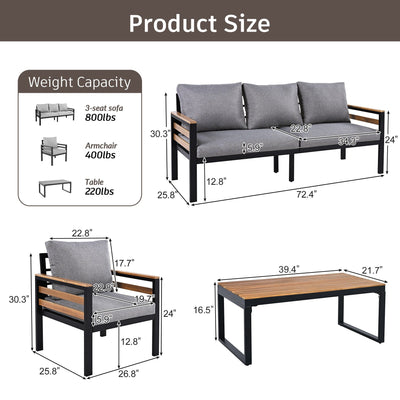 4-Piece Outdoor Sofa Set for 5 People with Removable Cushion & Solid Wood Coffee Table