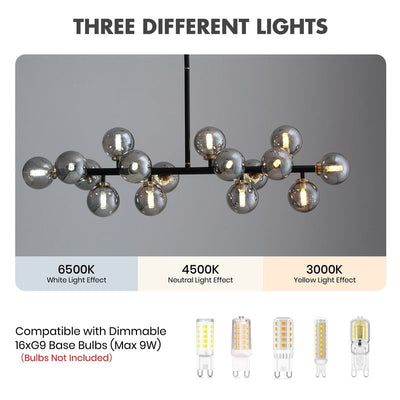 40 in. Linear Mid Century Modern Chandelier 16-Light Gold Brass Sputnik Pendant Light with Frosted Glass Globe for Dining Room