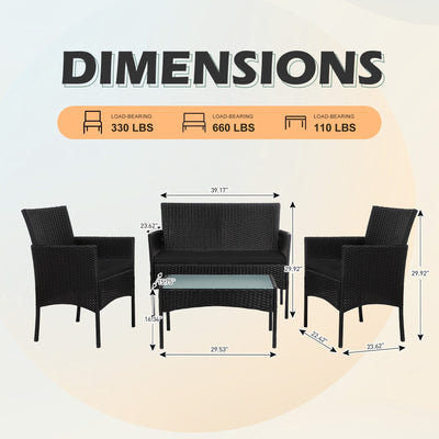 4 Piece Patio Conversation Wicker Furniture Set, Outdoor Rattan Sectional Furniture Set With Cushions