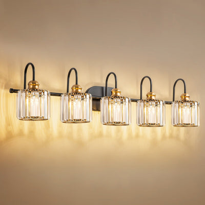 5-Light Glam Linear Dimmable Crystal Bathroom Vanity Lights with Cylinder Crystal Shade