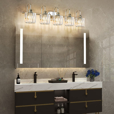 5-Light Glam Linear Dimmable Crystal Bathroom Vanity Lights with Cylinder Crystal Shade