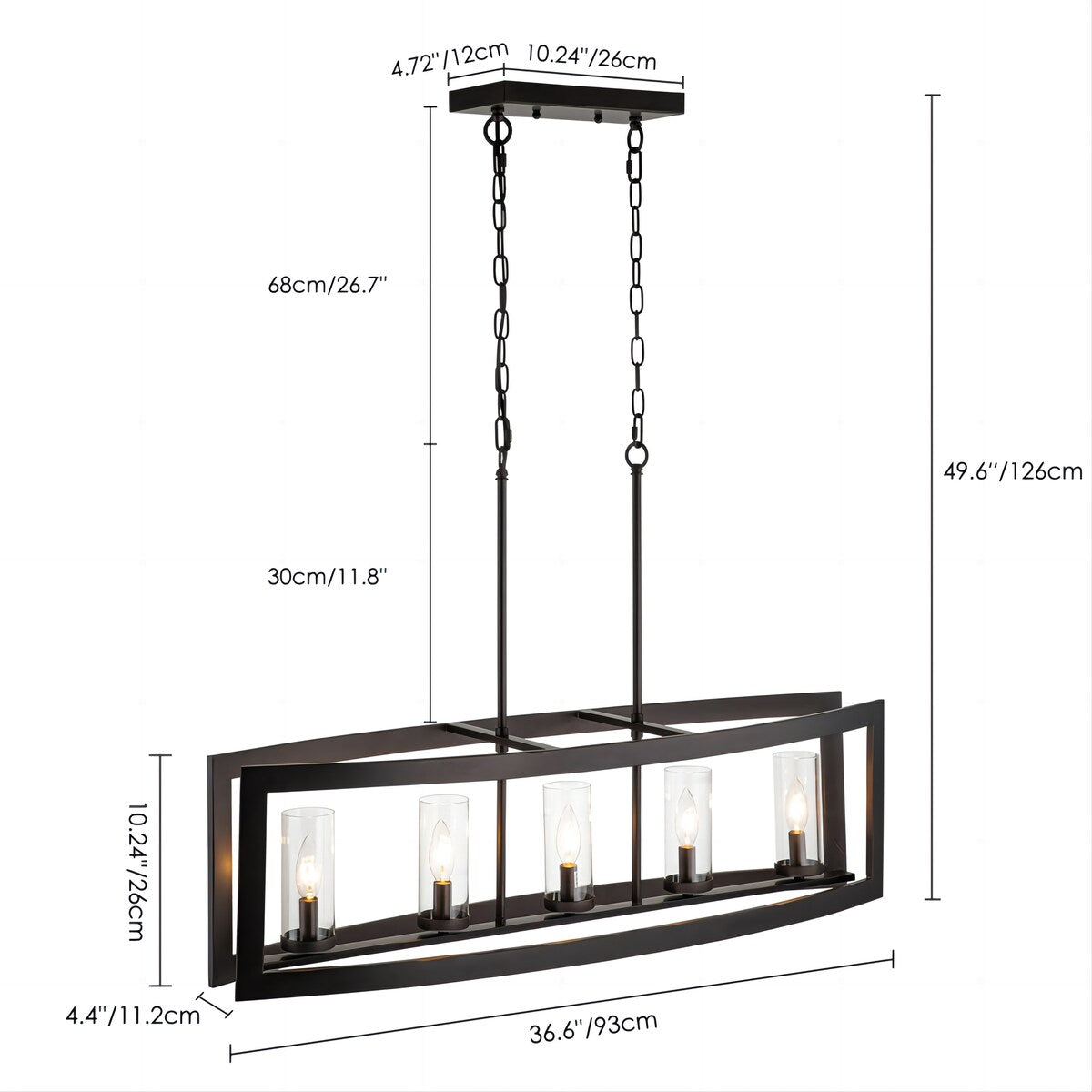 5-Light Mid-Century Modern Industrial Linear Kitchen Island Pendant Vintage Rectangle Glass Chandelier