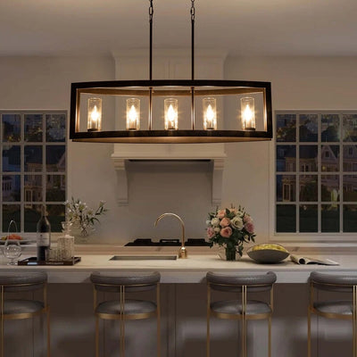 5-Light Mid-Century Modern Industrial Linear Kitchen Island Pendant Vintage Rectangle Glass Chandelier