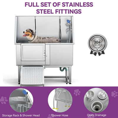 50'' W Stainless Steel Adjustable Pet Grooming Tub with Steps Ramp