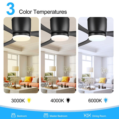 52 Inch Black/White Flush Mount LED Ceiling Fan with Lights Remote(3-Blade)