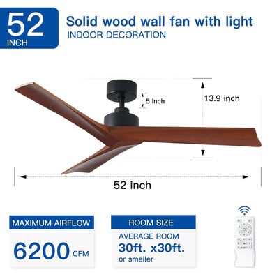 52 inch Modern Solid Wood / ABS Ceiling Fan With Remote Control(No Light),6 WInd Speed,Reversible Airflow