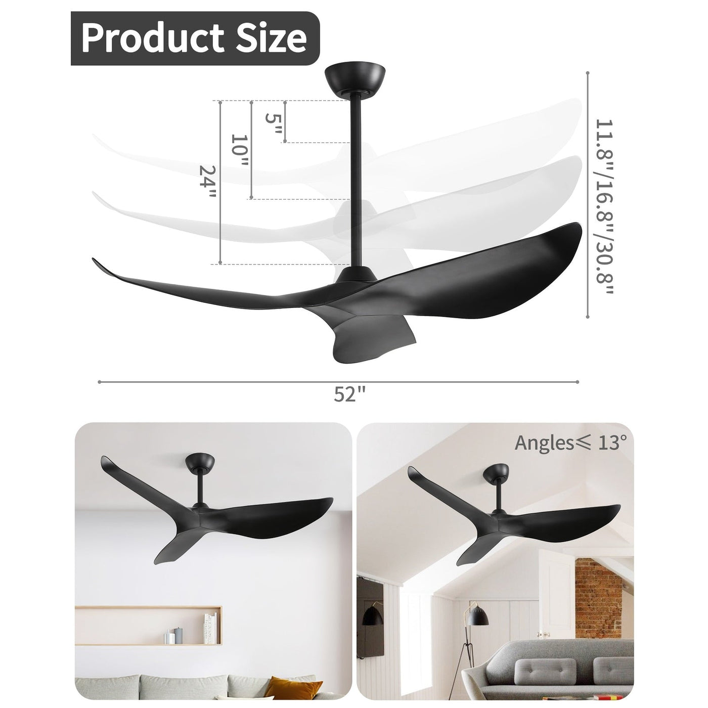 52 inch Modern Solid Wood / ABS Ceiling Fan With Remote Control(No Light),6 WInd Speed,Reversible Airflow