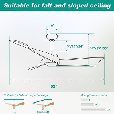 52 inch Modern Solid Wood / ABS Ceiling Fan With Remote Control(No Light),6 WInd Speed,Reversible Airflow