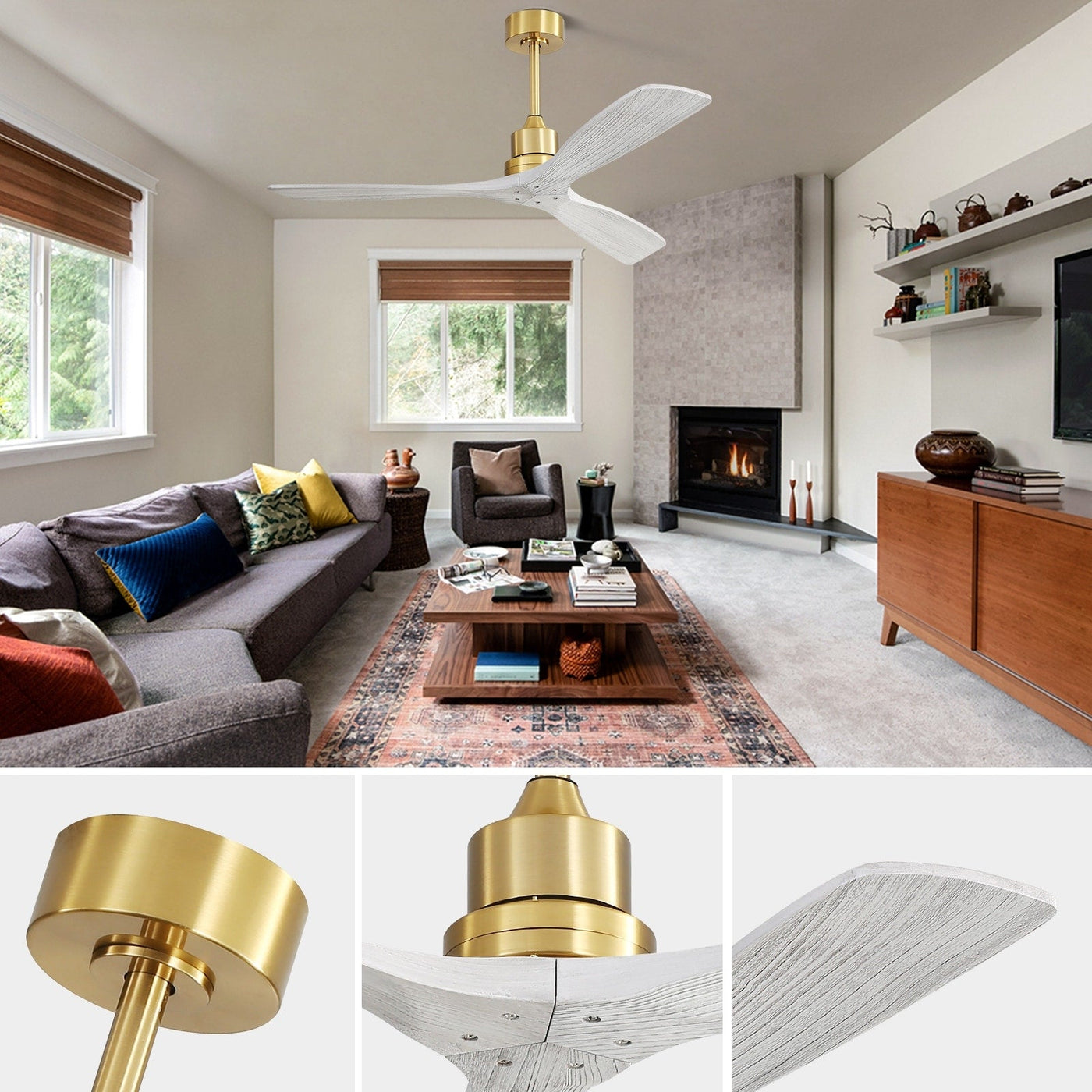 52 inch Modern Solid Wood / ABS Ceiling Fan With Remote Control(No Light),6 WInd Speed,Reversible Airflow