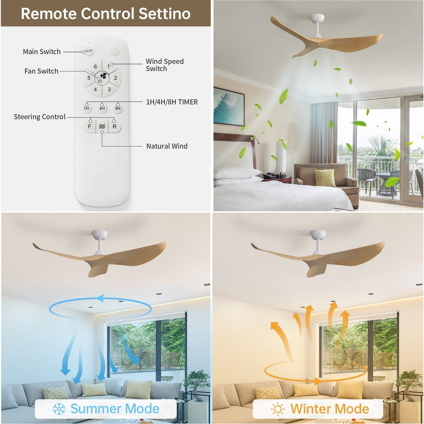 52 inch Modern Solid Wood / ABS Ceiling Fan With Remote Control(No Light),6 WInd Speed,Reversible Airflow