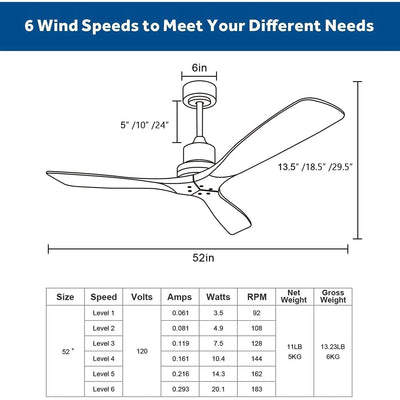 52 inch Modern Solid Wood / ABS Ceiling Fan With Remote Control(No Light),6 WInd Speed,Reversible Airflow