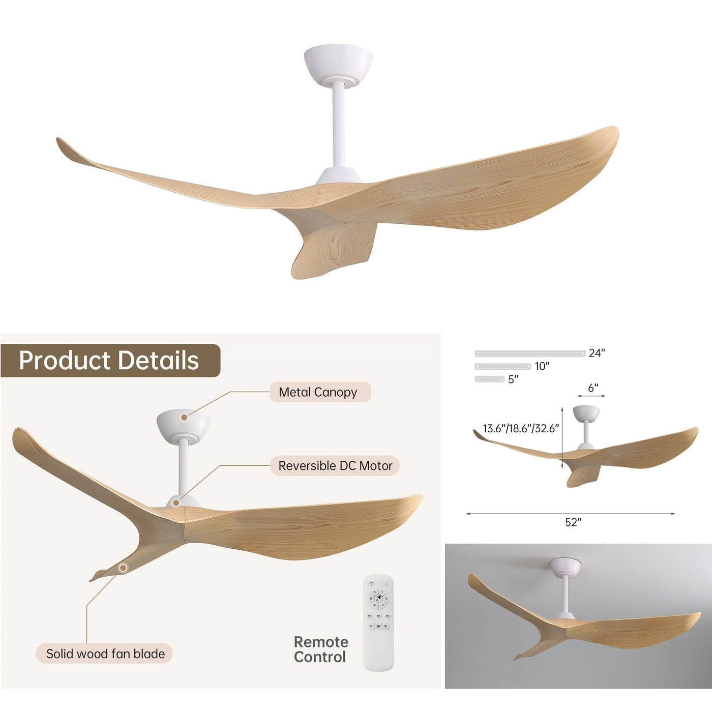 52 inch Modern Solid Wood / ABS Ceiling Fan With Remote Control(No Light),6 WInd Speed,Reversible Airflow