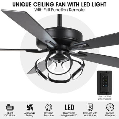 52 Modern Chrome/ Black Indoor Dimmable LED Ceiling Fan with Light and Remote